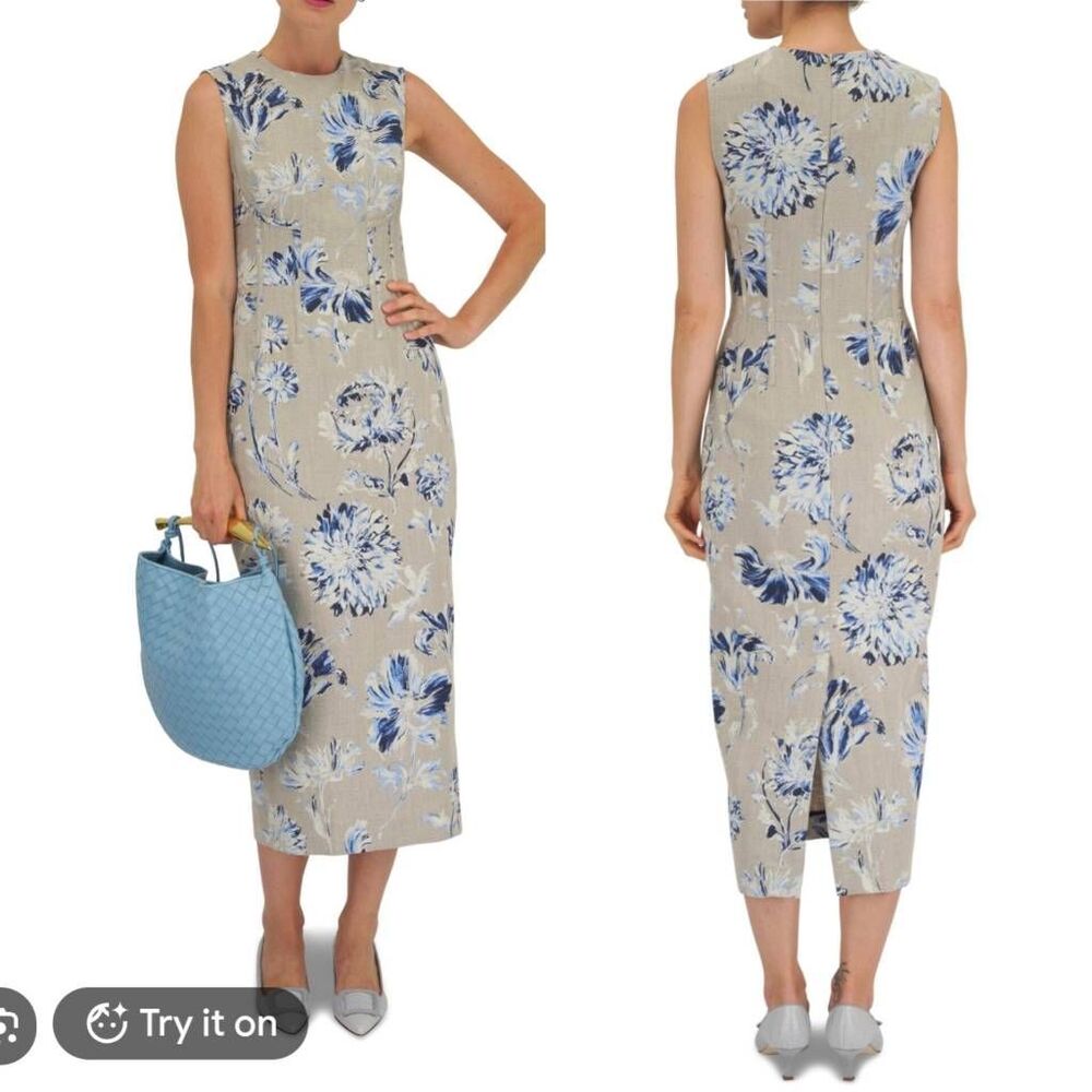Lela Rose Oxford Blue Floral Print Linen Seamed Column Dress 4 $1590